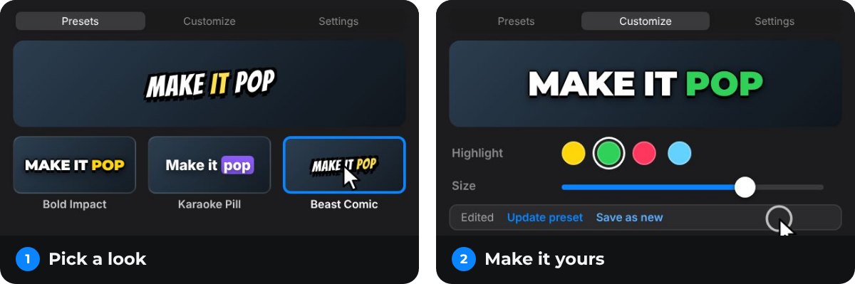 The Captions Gen panel: pick a look on the Presets tab, then change the highlight color and size on the Customize tab