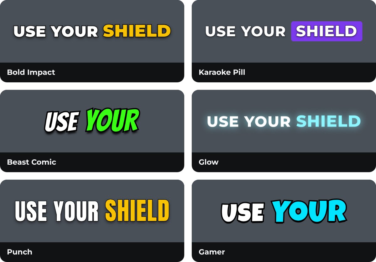 Six caption presets: Bold Impact, Karaoke Pill, Beast Comic, Glow, Punch and Gamer